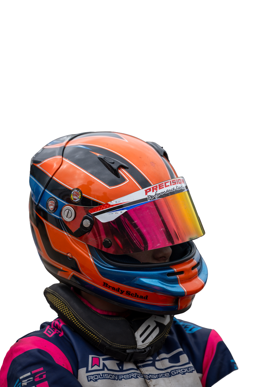 Brady Schad in his orange and blue helmet