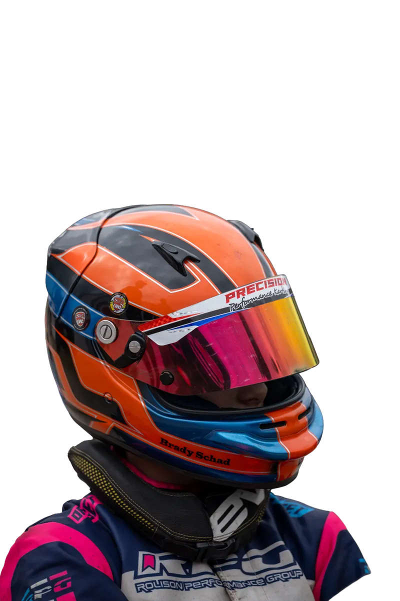 Brady Schad in his orange and blue helmet