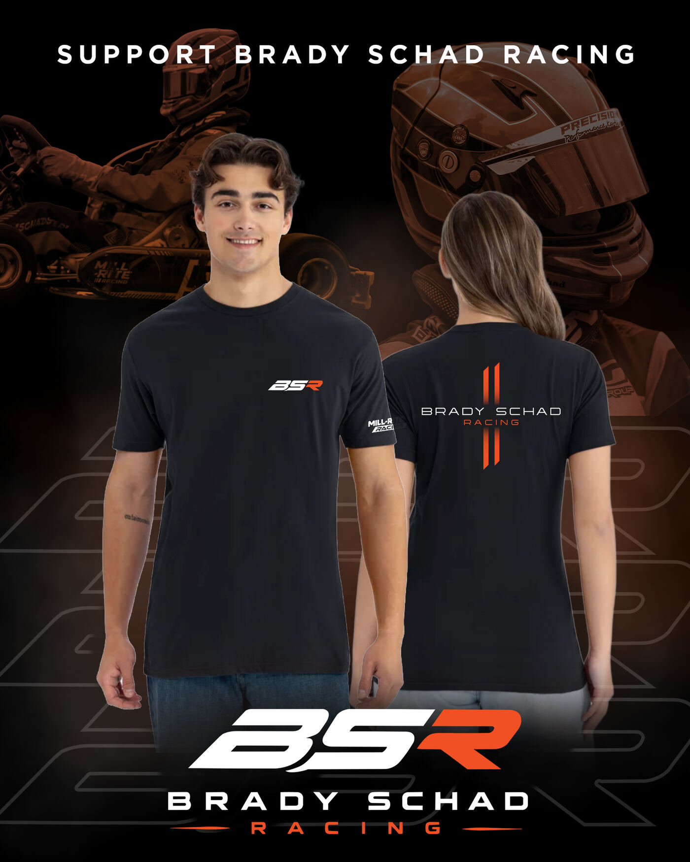 Support Brady Schad Racing black t-shirt, front and back