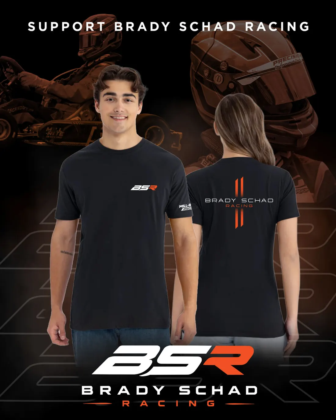 Support Brady Schad Racing black t-shirt, front and back